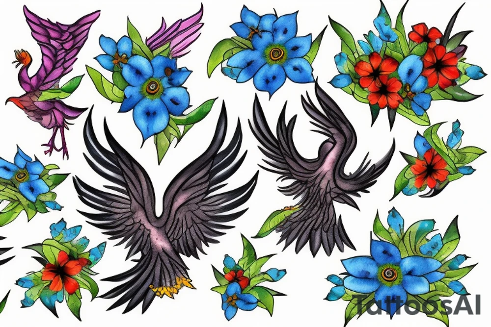 A phoenix rising from a field of forget-me-nots tattoo idea