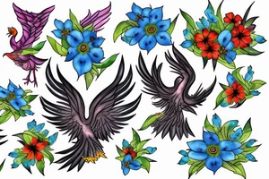 A phoenix rising from a field of forget-me-nots tattoo idea