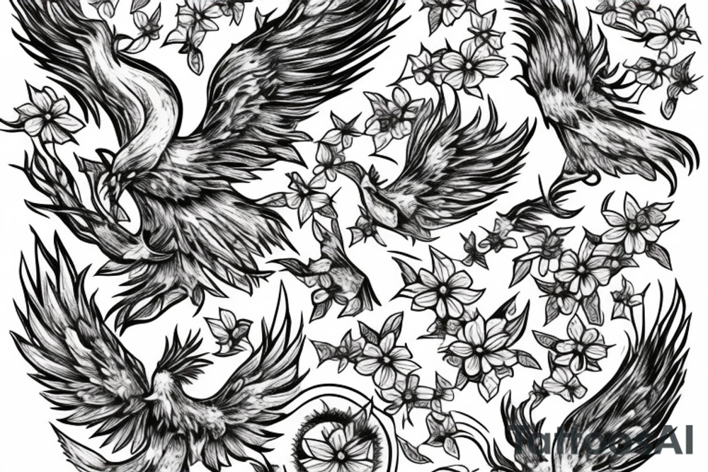 A phoenix rising from a field of forget-me-nots tattoo idea