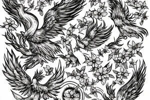 A phoenix rising from a field of forget-me-nots tattoo idea