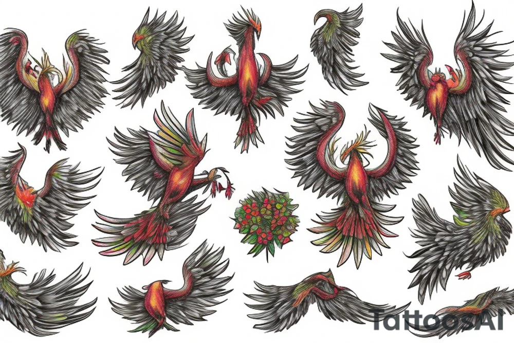A phoenix rising from a field of forget-me-nots tattoo idea