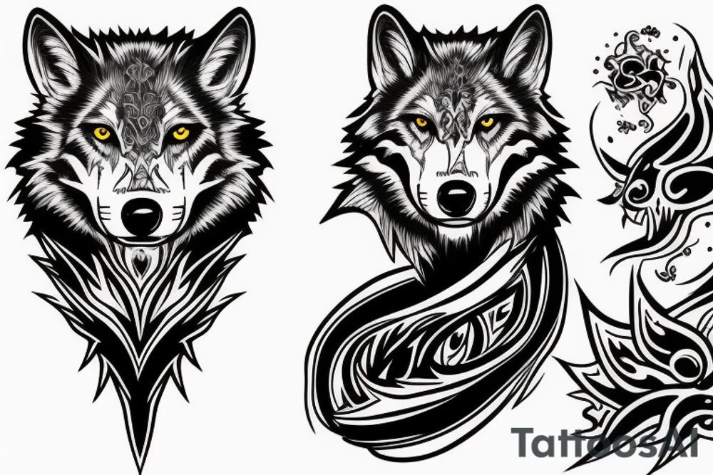 black and white wolf and red fire tattoo idea