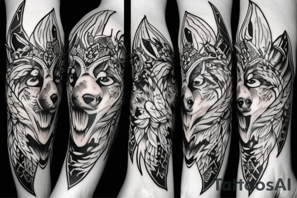 black and white wolf and red fire tattoo idea