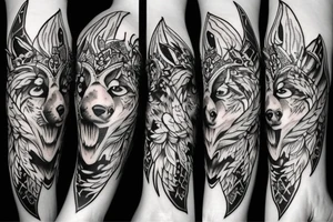 black and white wolf and red fire tattoo idea