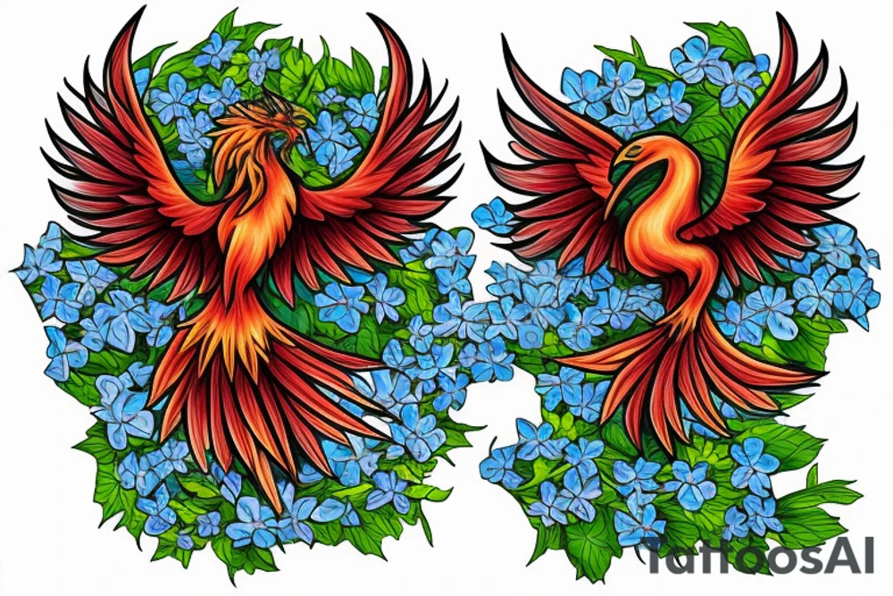 A phoenix rising from a field of forget-me-nots tattoo idea