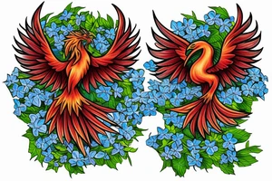 A phoenix rising from a field of forget-me-nots tattoo idea