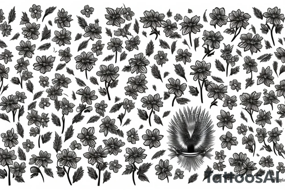 A phoenix rising from a field of forget-me-nots tattoo idea