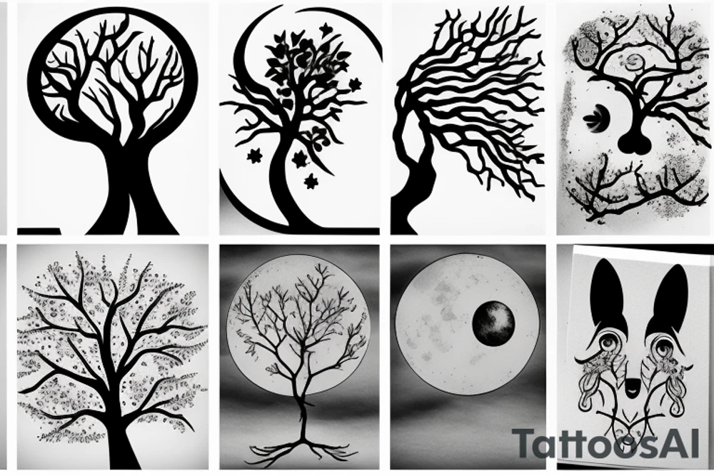 moon dog and tree tattoo idea