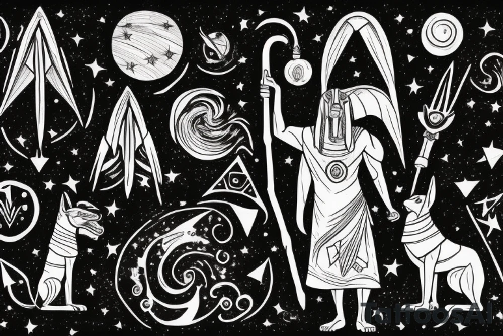Anubis standing with his scepter looking down from a dark cloudy starry night sky tattoo idea Anubis standing with his scepter looking down from a dark cloudy starry night sky tattoo idea