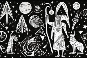 Anubis standing with his scepter looking down from a dark cloudy starry night sky tattoo idea