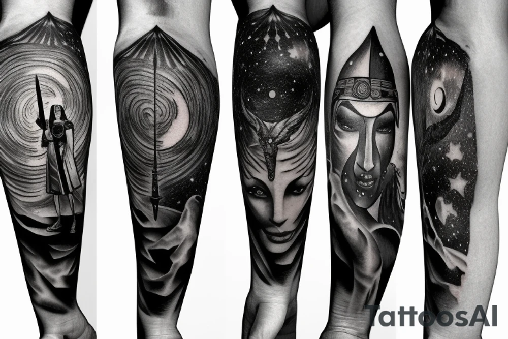 Anubis standing with his scepter looking down from a dark cloudy starry night sky tattoo idea