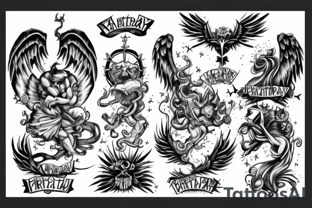 About my life, birthday 10-12, lucky number 9, Aquarius, angel fighting demons in real world tattoo idea