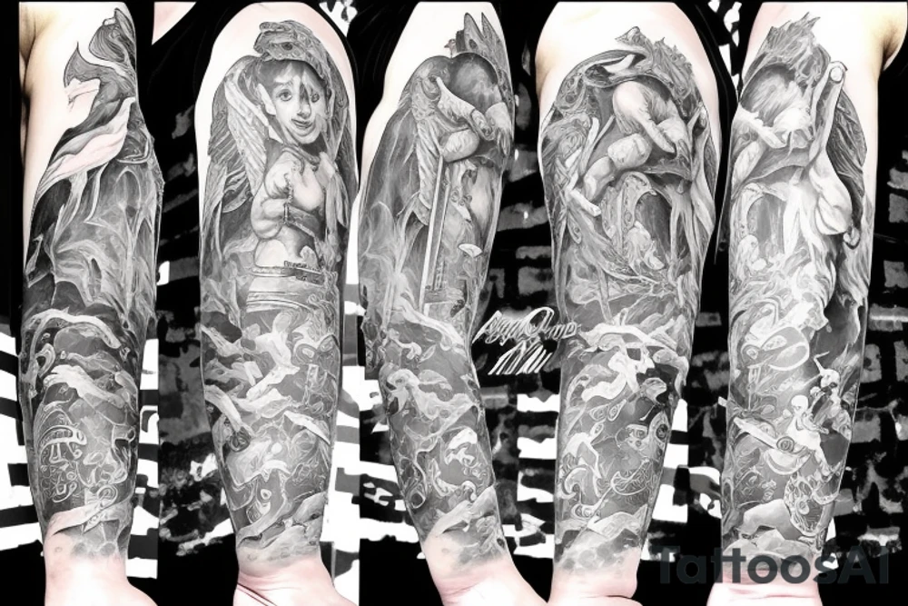 About my life, birthday 10-12, lucky number 9, Aquarius, angel fighting demons in real world tattoo idea