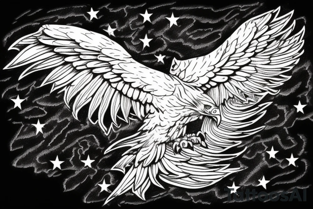 traditional style eagle with wings out and about to land. star outlines behind eagle. lightly shading, not too detailed, but heavy outlines tattoo idea