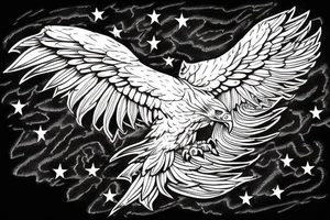 traditional style eagle with wings out and about to land. star outlines behind eagle. lightly shading, not too detailed, but heavy outlines tattoo idea