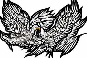 traditional style eagle with wings out and about to land. star outlines behind eagle. lightly shading, not too detailed, but heavy outlines tattoo idea
