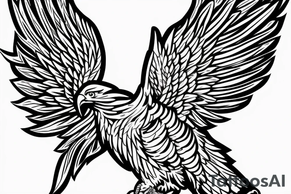 traditional style eagle with wings out and about to land. star outlines behind eagle. lightly shading, not too detailed, but heavy outlines tattoo idea