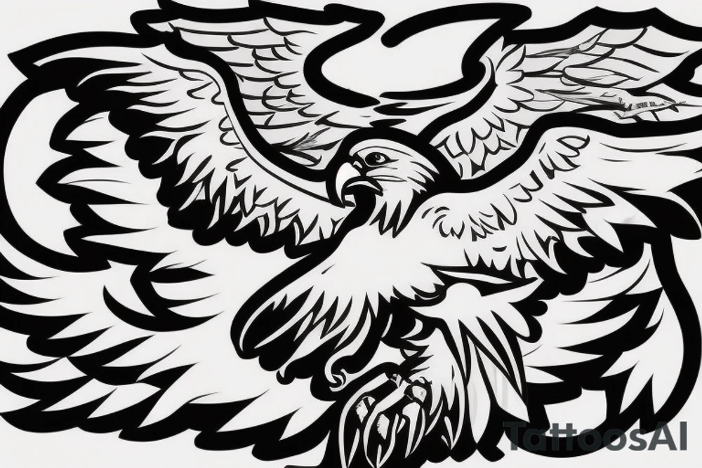 traditional style eagle with wings out and about to land. star outlines behind eagle. lightly shading, not too detailed, but heavy outlines tattoo idea