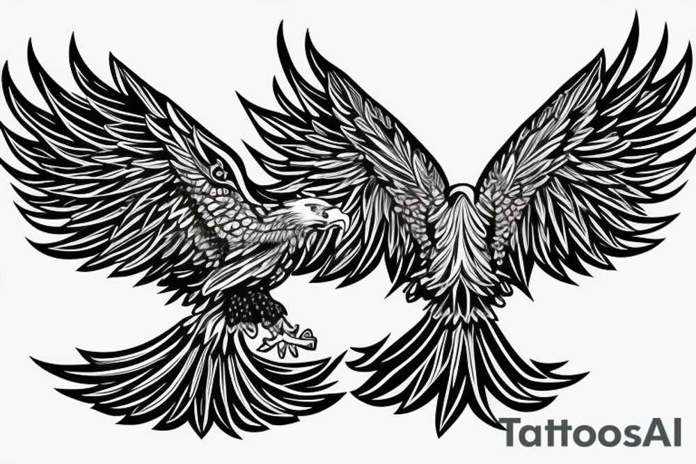traditional style eagle with wings out and about to land. stars behind eagle. light shading, not too detailed, but heavy outlines tattoo idea