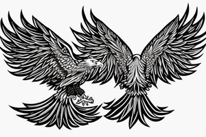 traditional style eagle with wings out and about to land. stars behind eagle. light shading, not too detailed, but heavy outlines tattoo idea