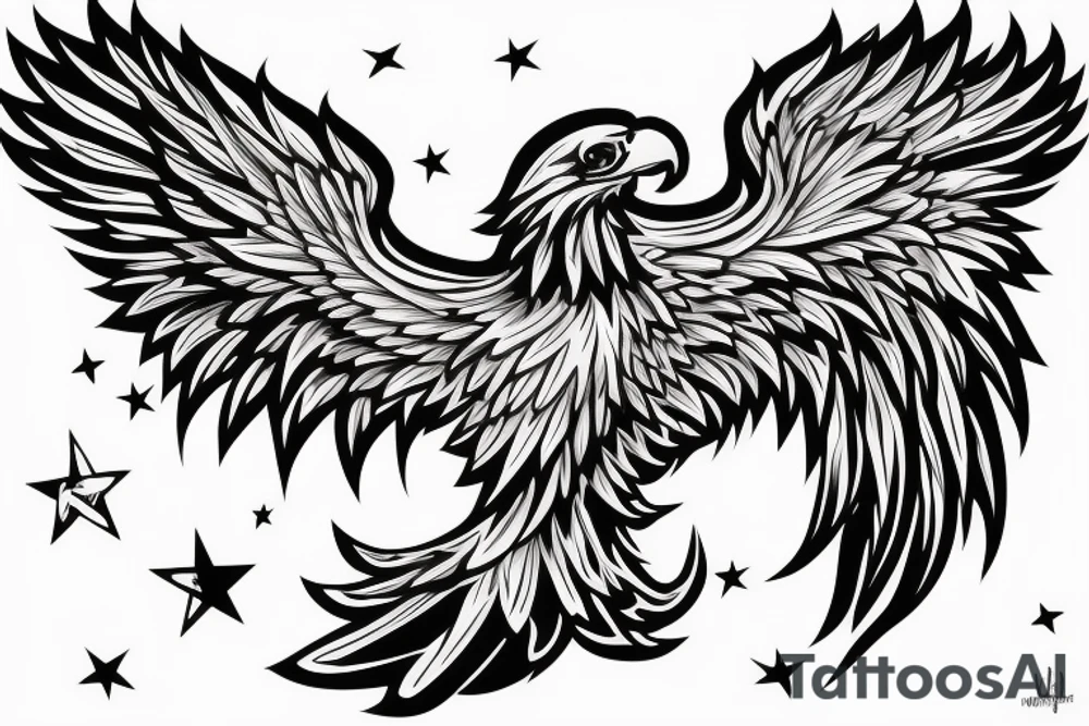 traditional style eagle with wings out and about to land. stars behind eagle. light shading, not too detailed, but heavy outlines tattoo idea