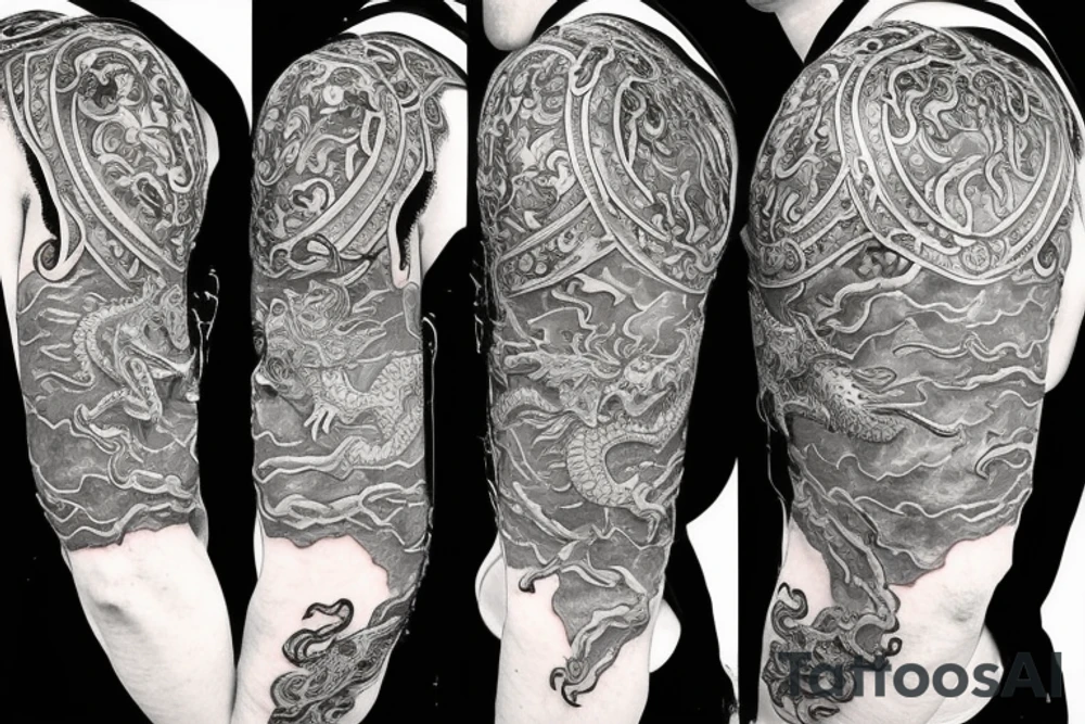 Shoulder armor tattoo with dragon crest and filigree tattoo idea