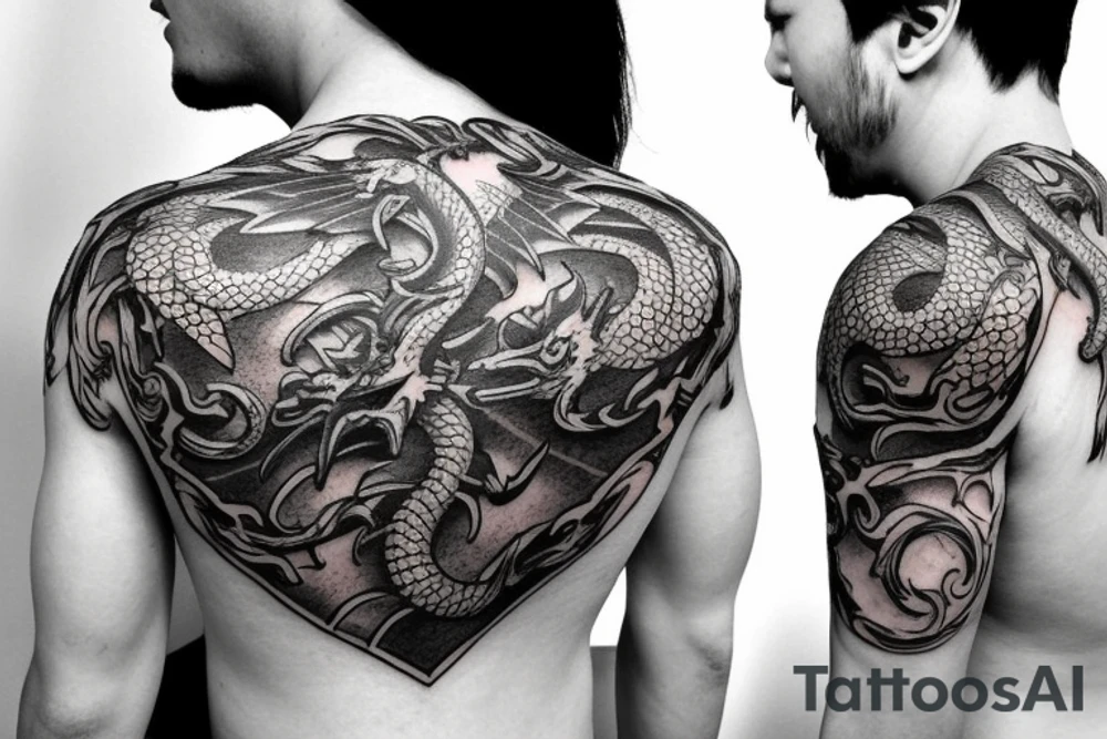 Shoulder armor tattoo with dragon crest and filigree tattoo idea