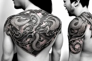 Shoulder armor tattoo with dragon crest and filigree tattoo idea