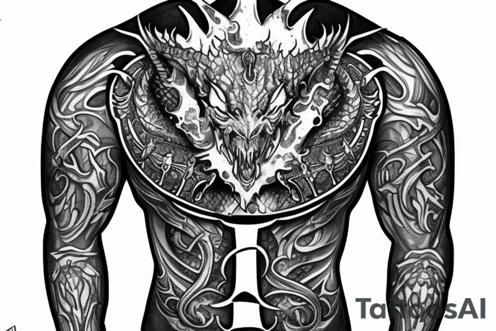 Shoulder armor with a dragon as the crest on the shoulder and filigree filling in the space tattoo idea