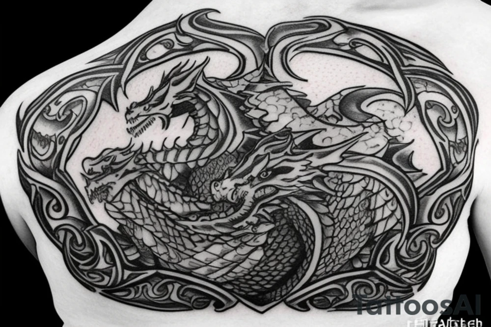 Shoulder armor with a dragon as the crest on the shoulder and filigree filling in the space tattoo idea