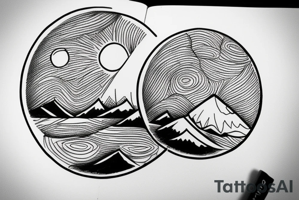 Mountain sketch without filling, only contur. Inside of circle shape tattoo idea