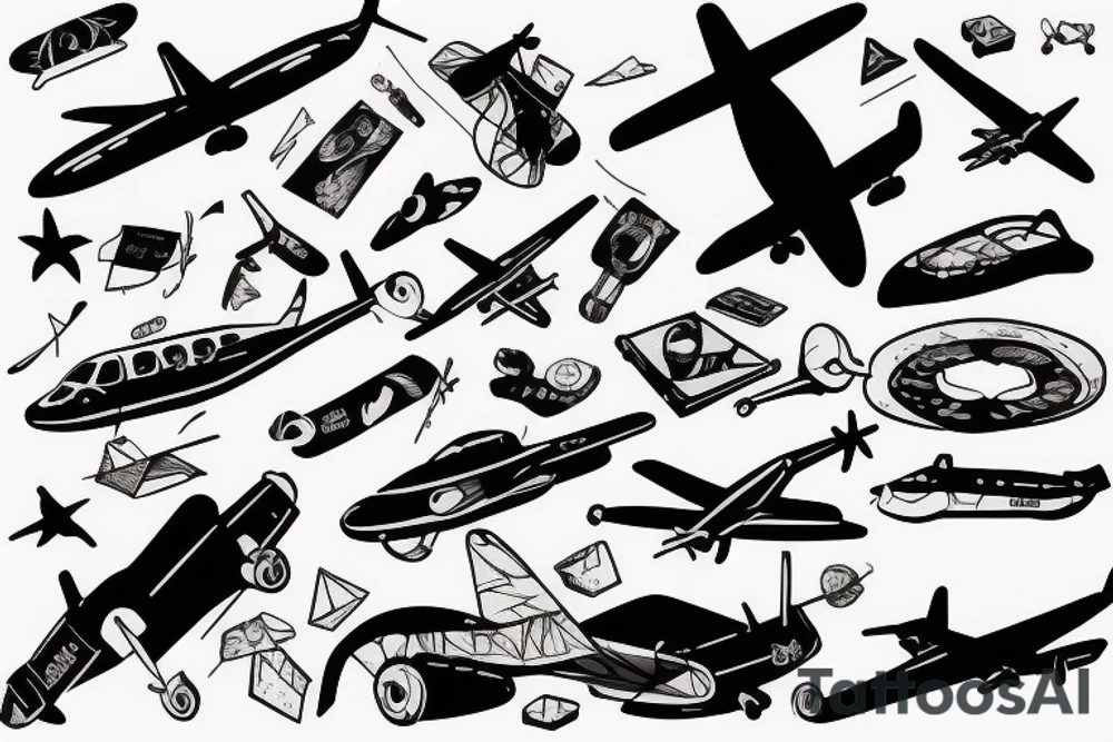 airplane with helicopter and wine and cheese tattoo idea