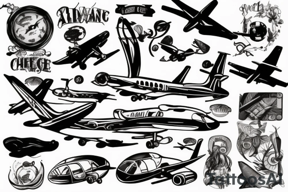 airplane with helicopter and wine and cheese tattoo idea