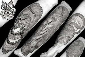 Vicious snake wrapped around scales of justice tattoo idea