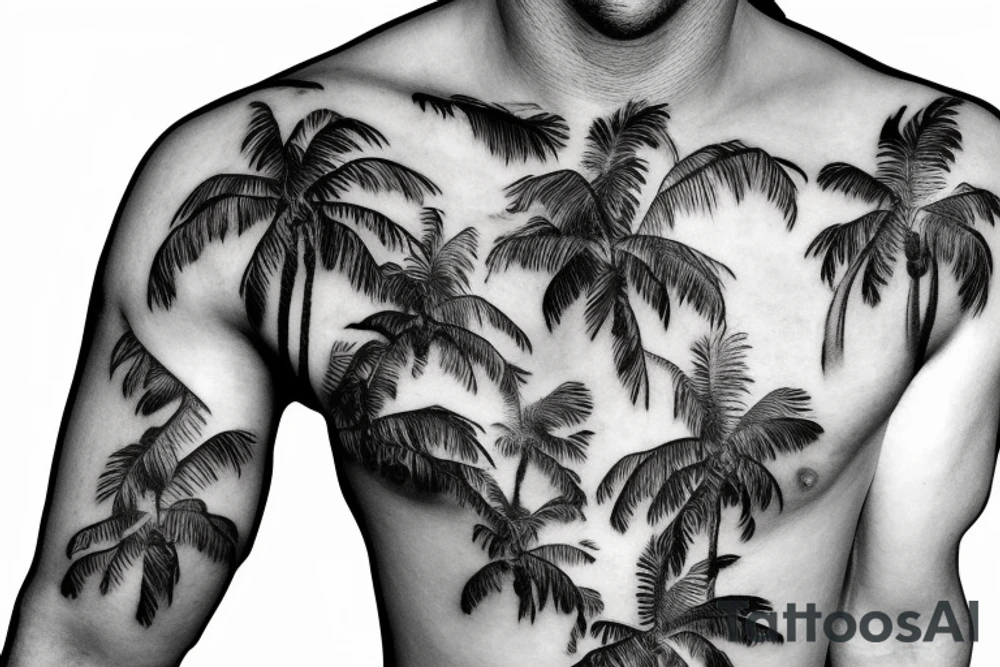 Chest lettering palm tree birds clouds ocean tattoo idea
