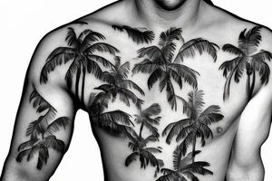 Chest lettering palm tree birds clouds ocean tattoo idea