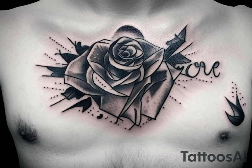 Chest lettering rose birds clouds ocean tattoo idea