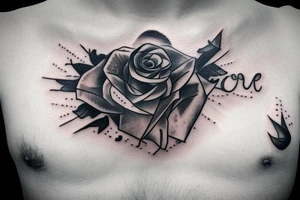Chest lettering rose birds clouds ocean tattoo idea