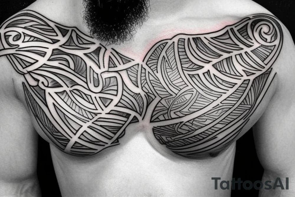 Tropical Paradise chest tattoo with lettering tattoo idea