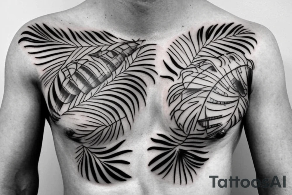Tropical Paradise chest tattoo with lettering tattoo idea
