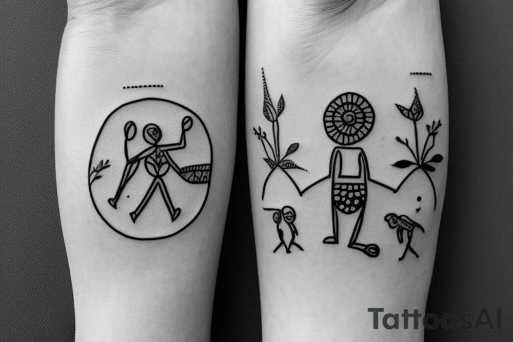 Warli Line Tattoo which is very tiny representing mom dad and brother in warli format including my fiancé joining my life tattoo idea