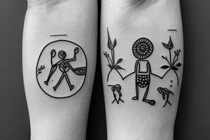 Warli Line Tattoo which is very tiny representing mom dad and brother in warli format including my fiancé joining my life tattoo idea
