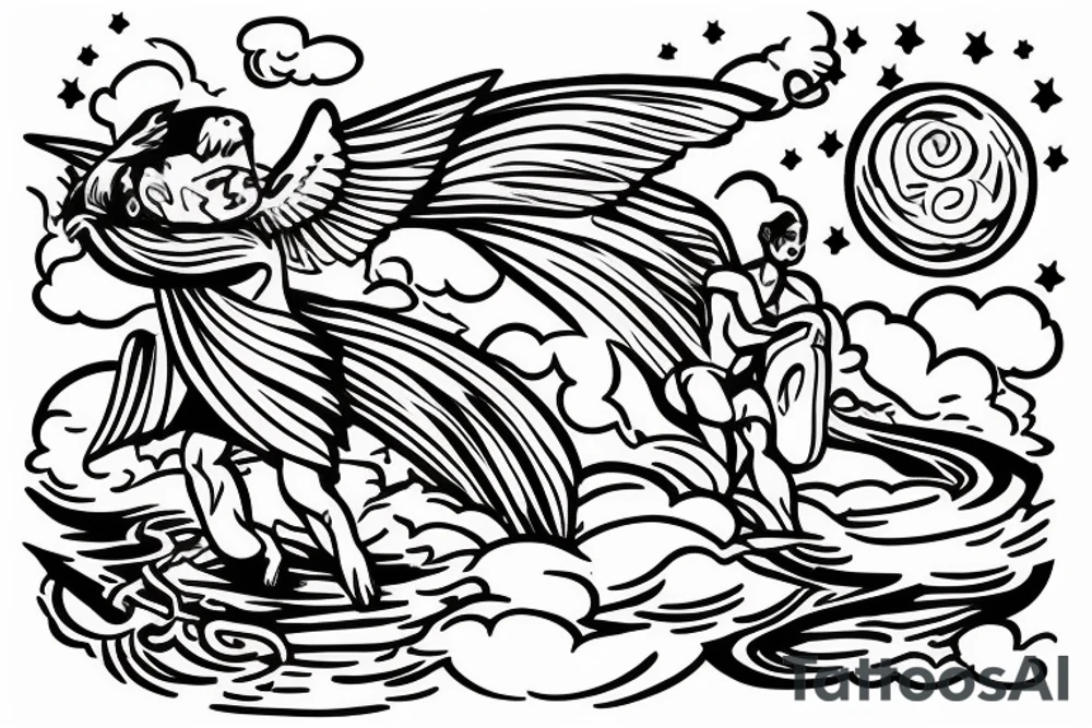 An engel coming from the sky with an rope, and saving a man from drowning in the ocean tattoo idea