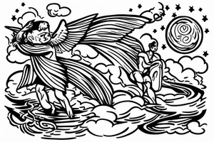 An engel coming from the sky with an rope, and saving a man from drowning in the ocean tattoo idea