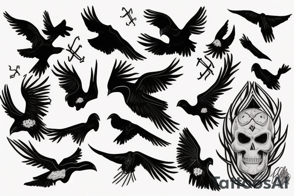 Raven flying on skull tattoo idea