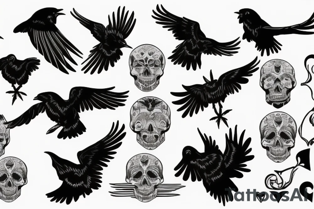 Raven flying on skull tattoo idea