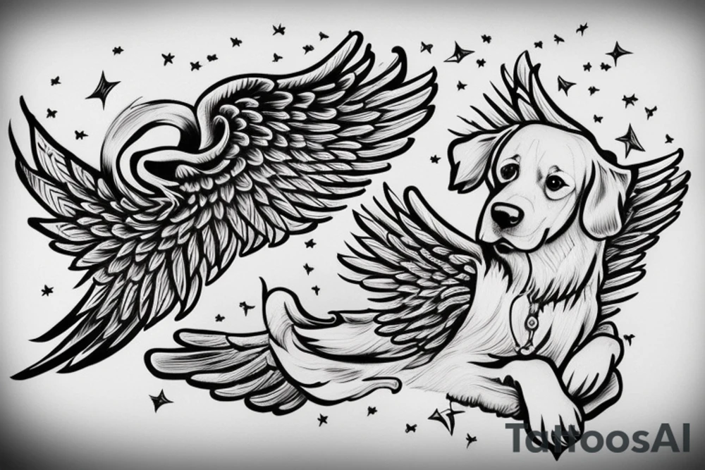 A Golden Retriever With Wings Flying In The Sky With Clouds tattoo idea
