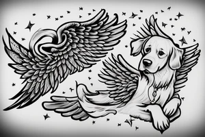 A Golden Retriever With Wings Flying In The Sky With Clouds tattoo idea