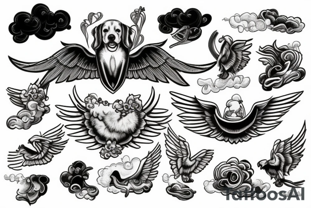 A Golden Retriever With Wings Flying In The Sky With Clouds tattoo idea