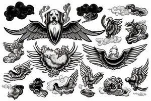 A Golden Retriever With Wings Flying In The Sky With Clouds tattoo idea